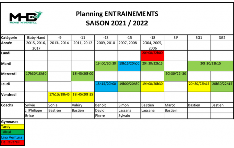 Planning entrainements 2021-2022